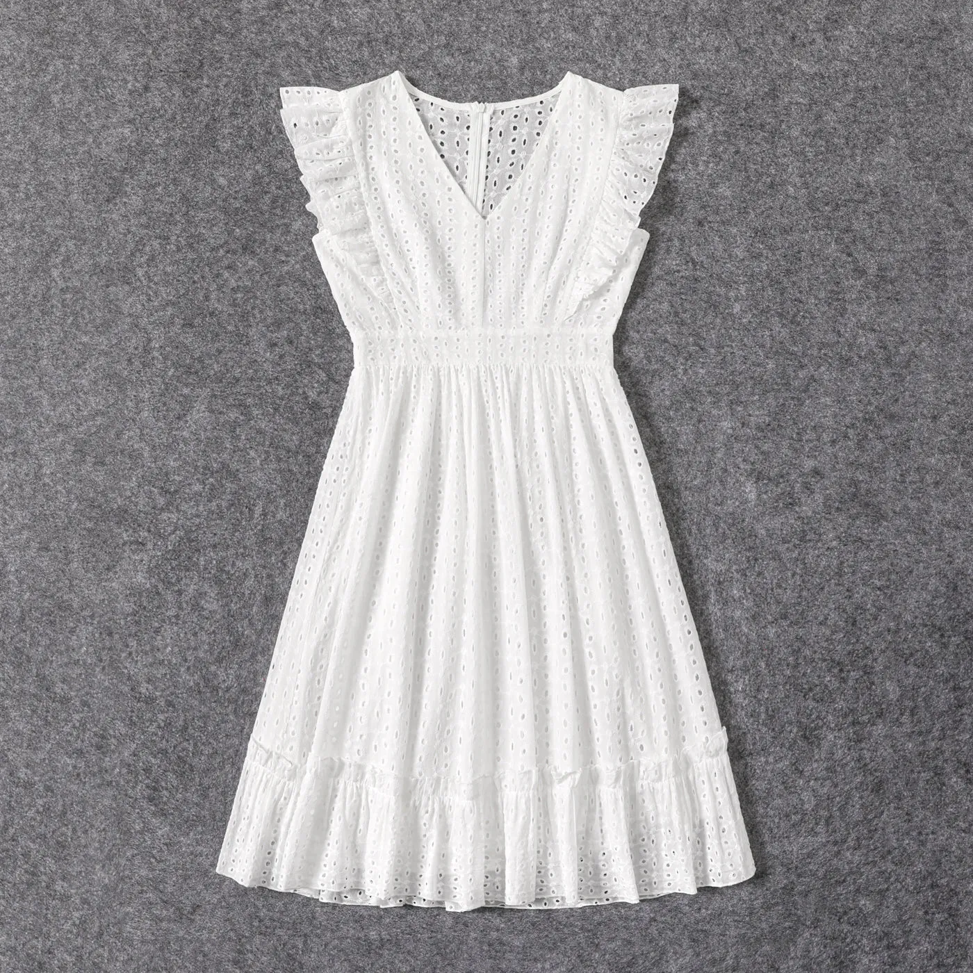 100% Cotton White Hollow-Out Floral Embroidered Ruffle Sleeveless Dress for Mom and Me