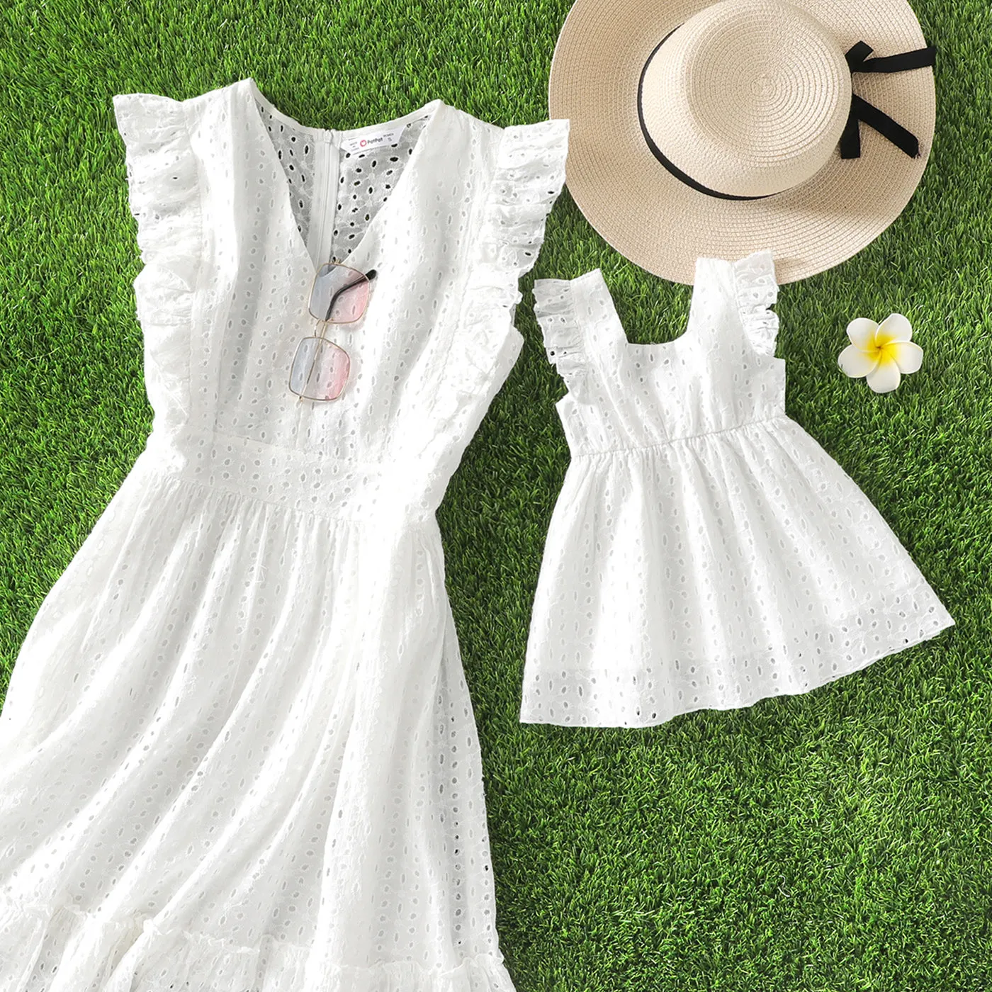 100% Cotton White Hollow-Out Floral Embroidered Ruffle Sleeveless Dress for Mom and Me