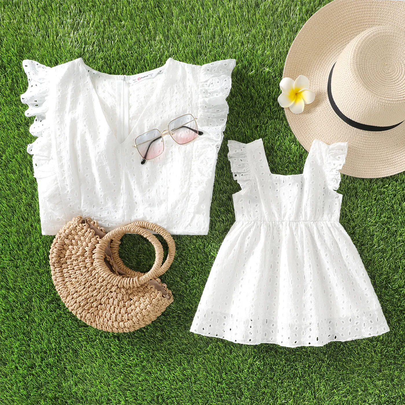 100% Cotton White Hollow-Out Floral Embroidered Ruffle Sleeveless Dress for Mom and Me