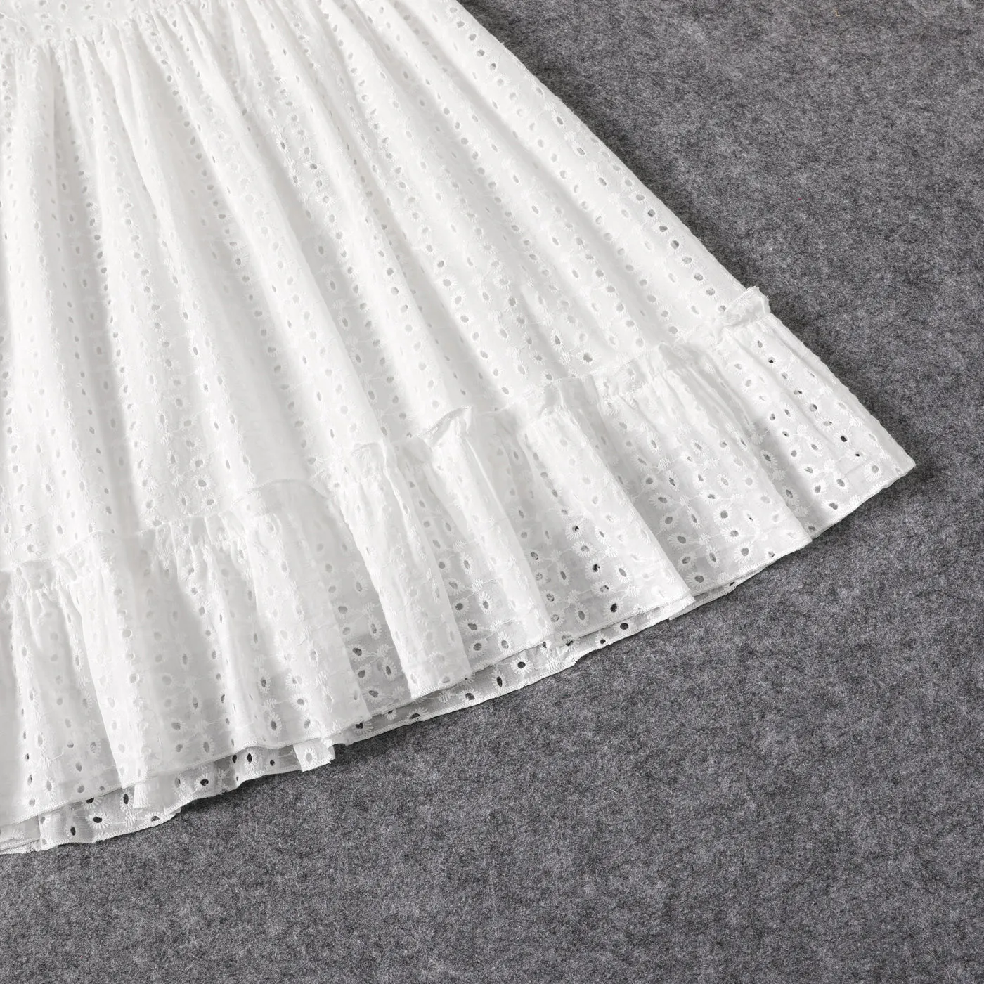 100% Cotton White Hollow-Out Floral Embroidered Ruffle Sleeveless Dress for Mom and Me