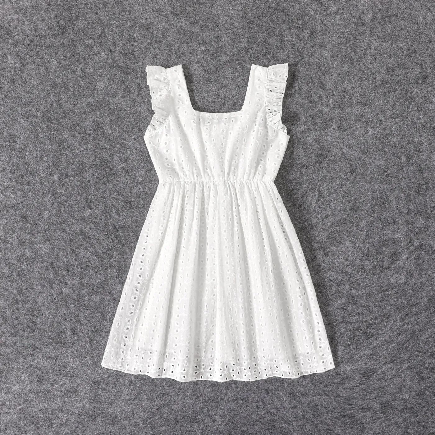 100% Cotton White Hollow-Out Floral Embroidered Ruffle Sleeveless Dress for Mom and Me