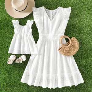 100% Cotton White Hollow-Out Floral Embroidered Ruffle Sleeveless Dress for Mom and Me