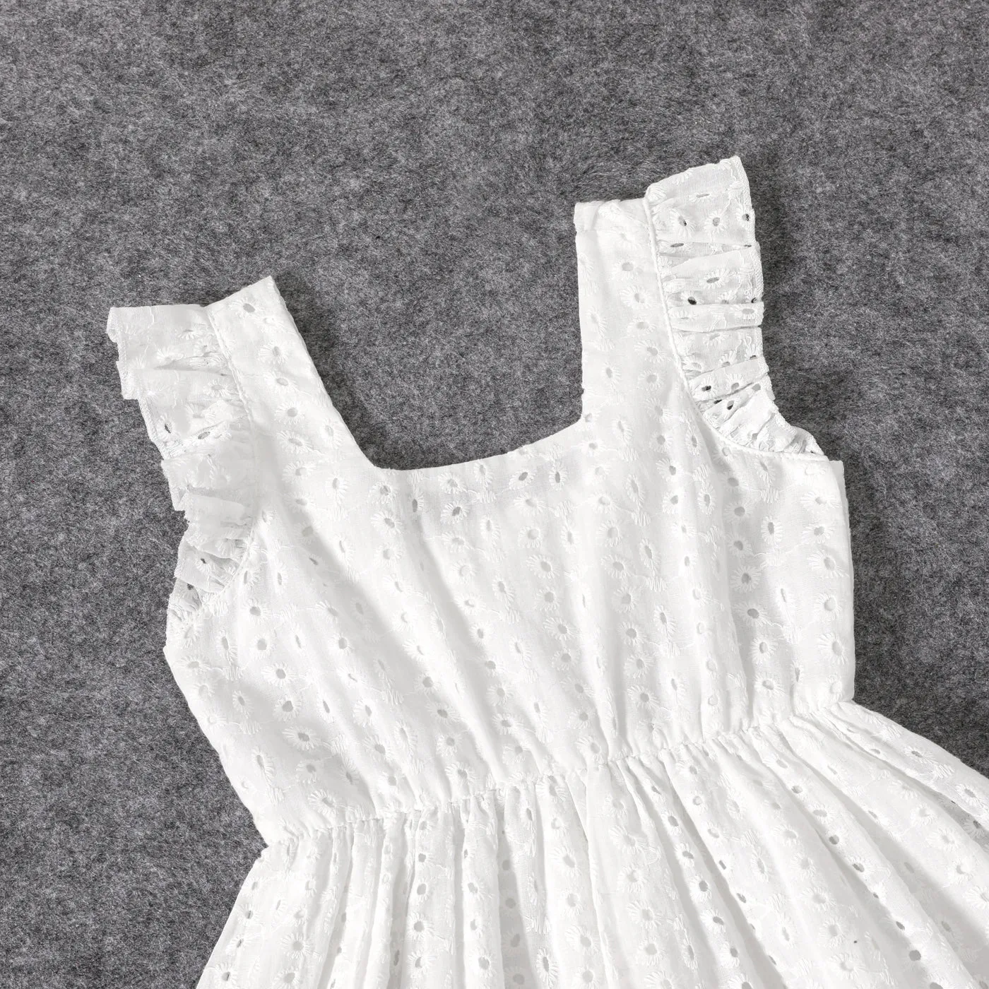 100% Cotton White Hollow-Out Floral Embroidered Ruffle Sleeveless Dress for Mom and Me