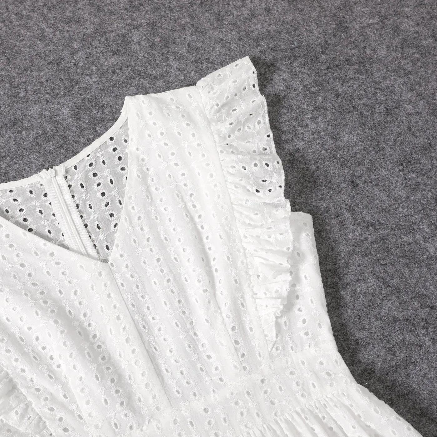 100% Cotton White Hollow-Out Floral Embroidered Ruffle Sleeveless Dress for Mom and Me