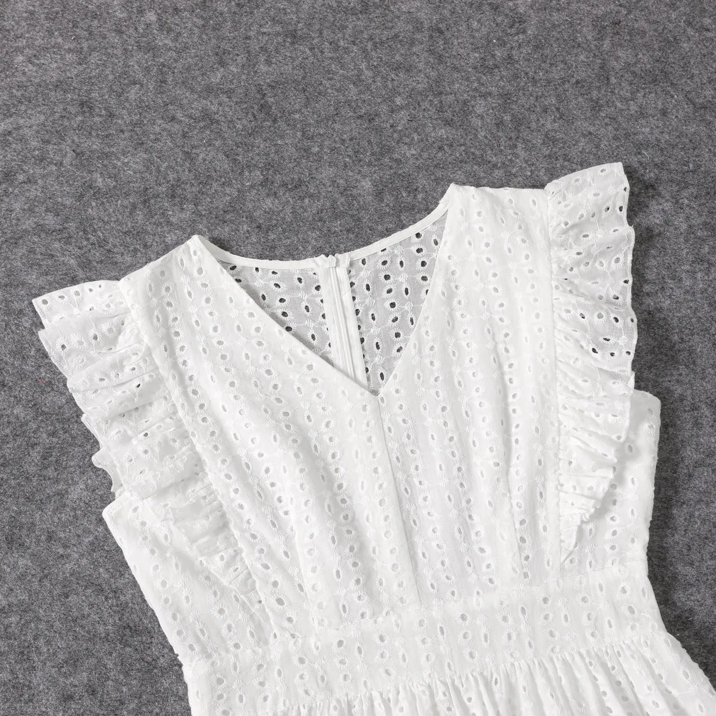 100% Cotton White Hollow-Out Floral Embroidered Ruffle Sleeveless Dress for Mom and Me