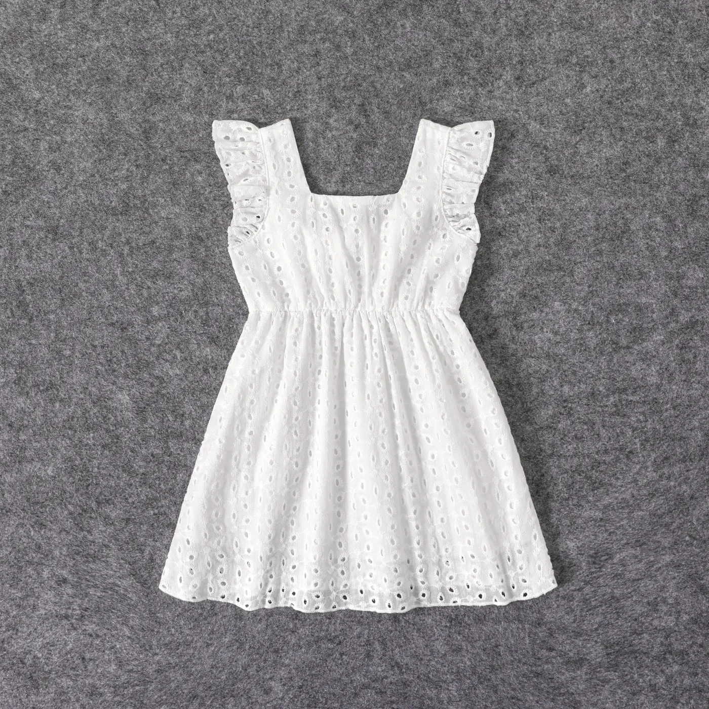 100% Cotton White Hollow-Out Floral Embroidered Ruffle Sleeveless Dress for Mom and Me