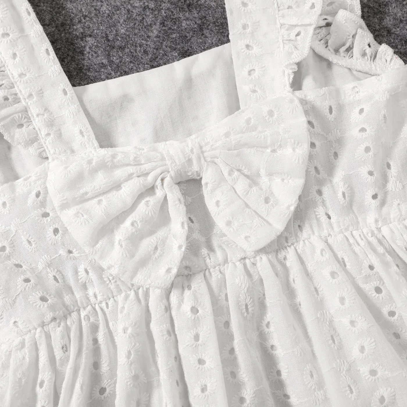100% Cotton White Hollow-Out Floral Embroidered Ruffle Sleeveless Dress for Mom and Me