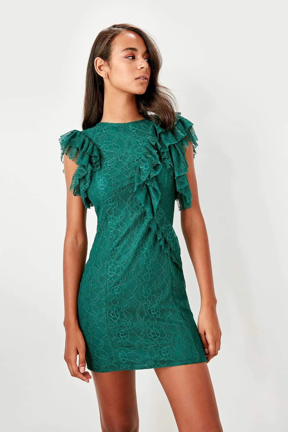11643 Emerald Green Ruffle Lace Dress