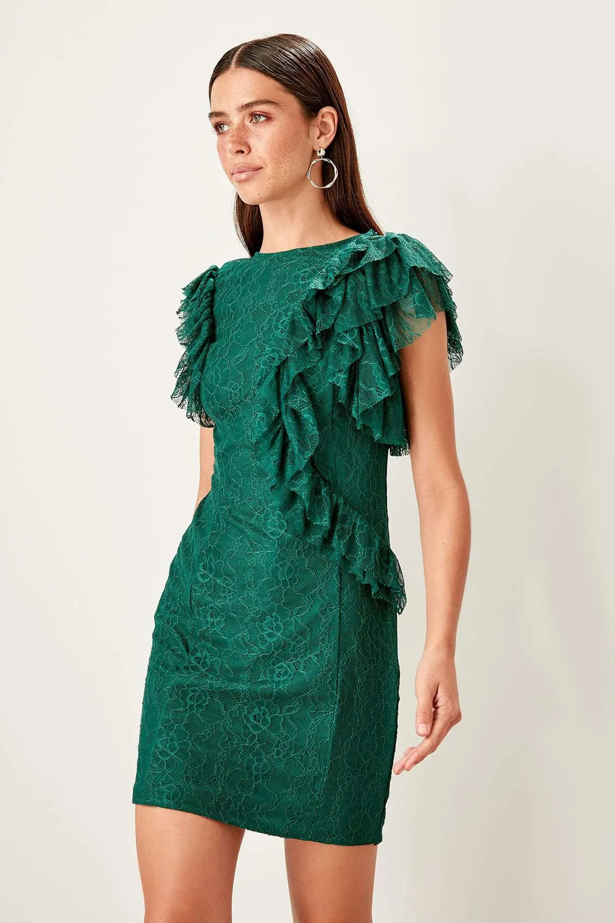 11643 Emerald Green Ruffle Lace Dress