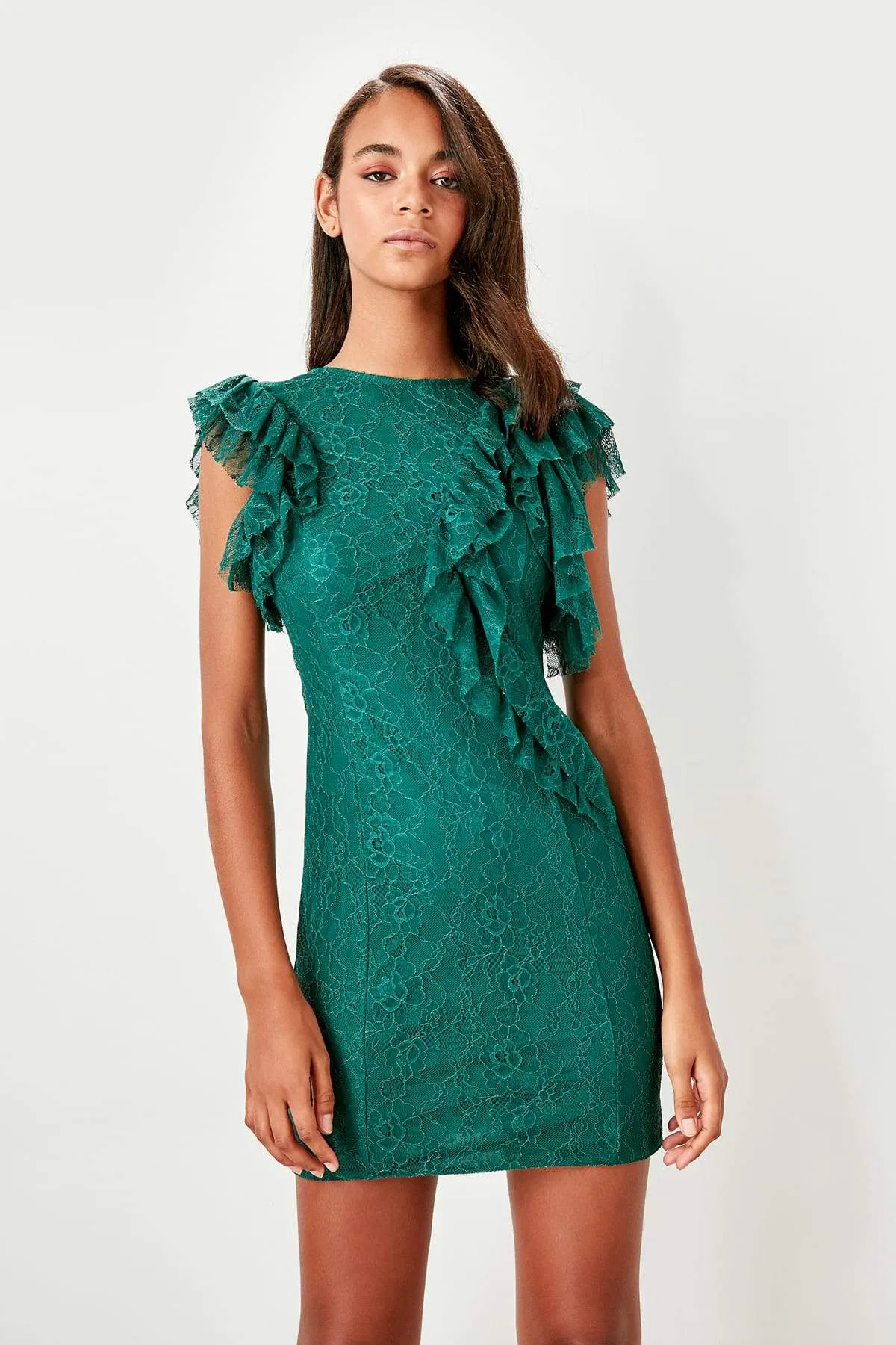 11643 Emerald Green Ruffle Lace Dress