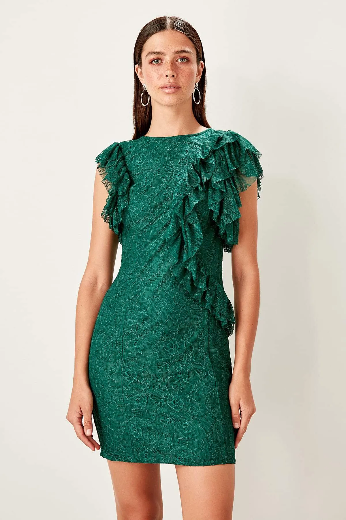 11643 Emerald Green Ruffle Lace Dress