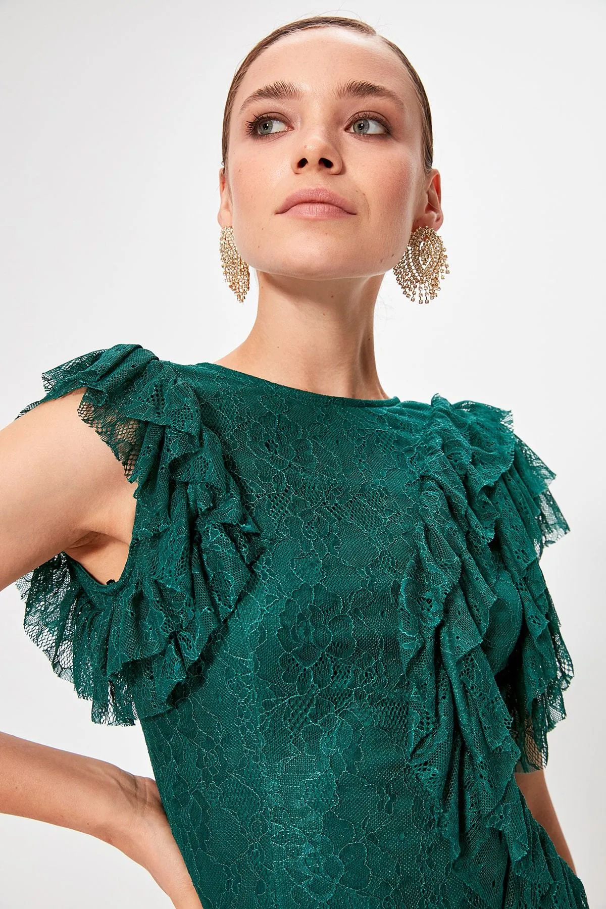 11643 Emerald Green Ruffle Lace Dress