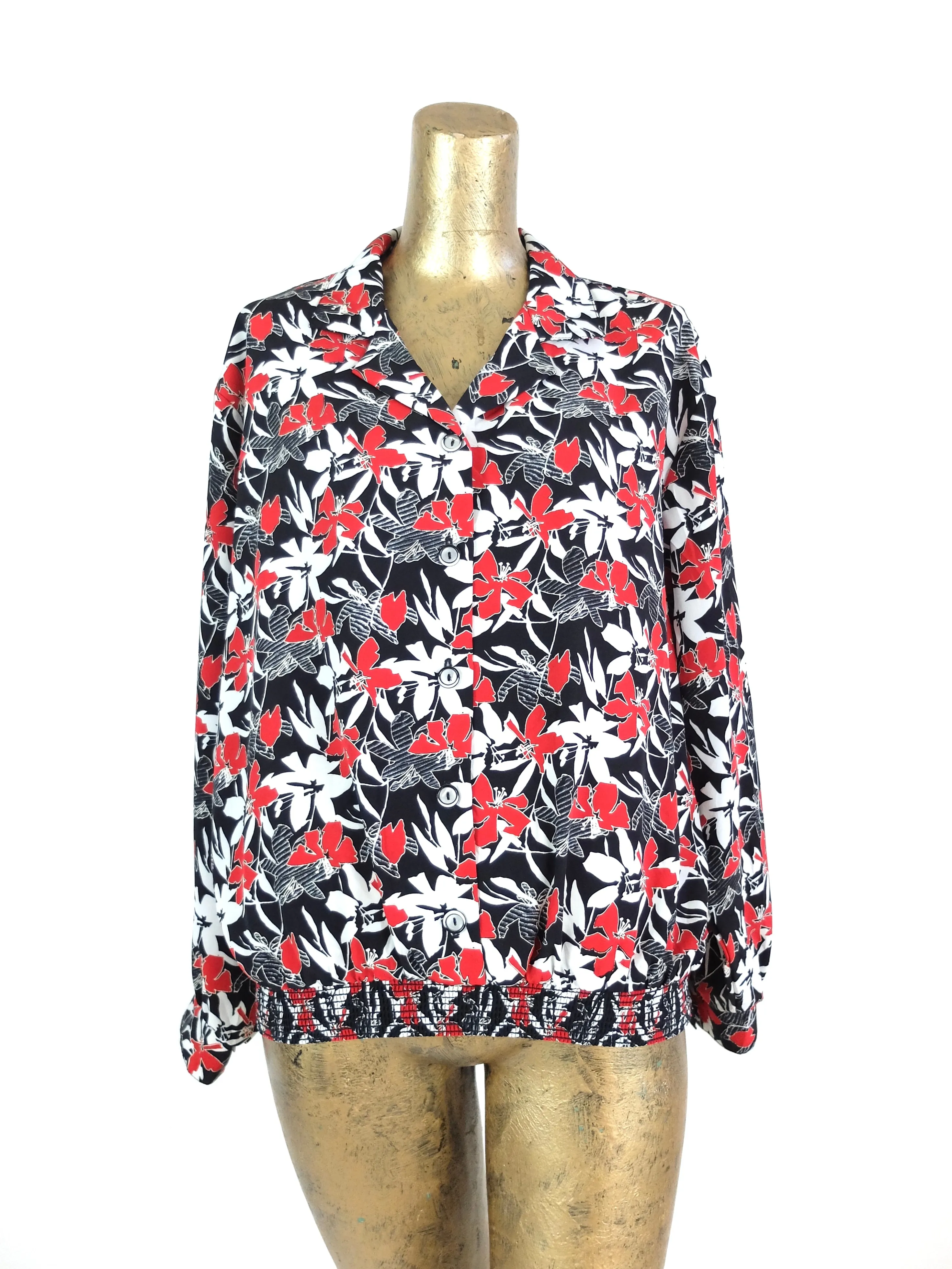 80s Floral Long Sleeve Blouse with Elasticated Waist