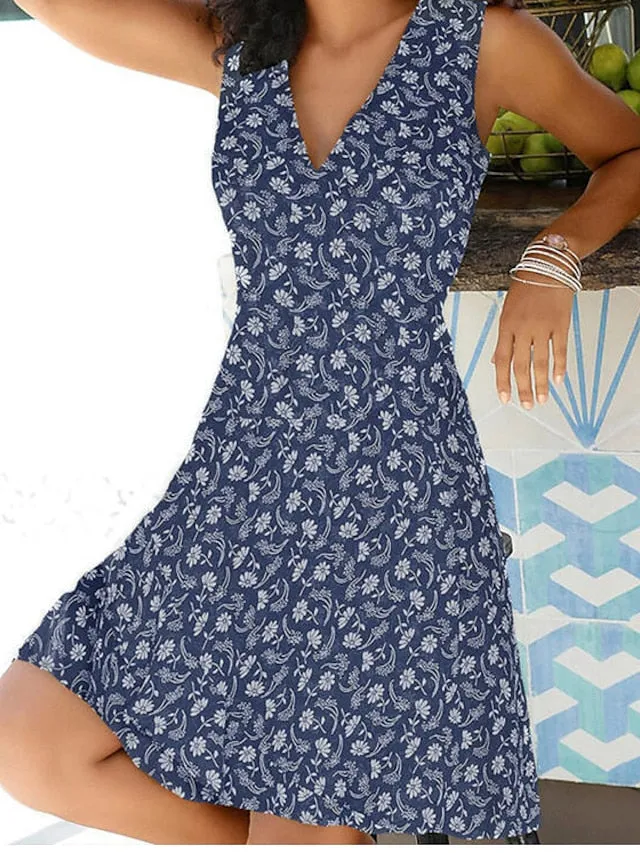 A Line Dress Knee Length Dress Blue White Gray Red Sleeveless Floral Print Spring Summer V Neck Elegant Casual Sexy  S M L XL XXL XXXL for Women