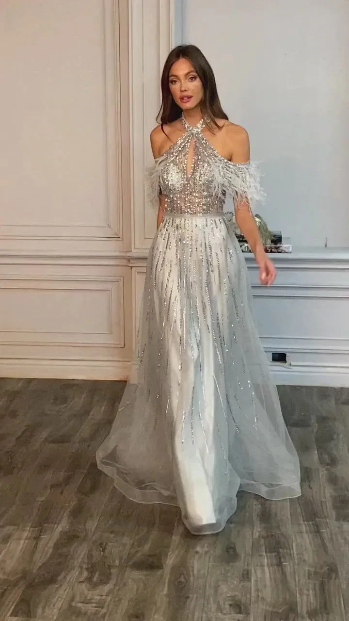 Andrea & Leo ANASTASIA A1023 Evening Gown Size 8 Silver A Line Sheer Feather Beaded off Shoulder