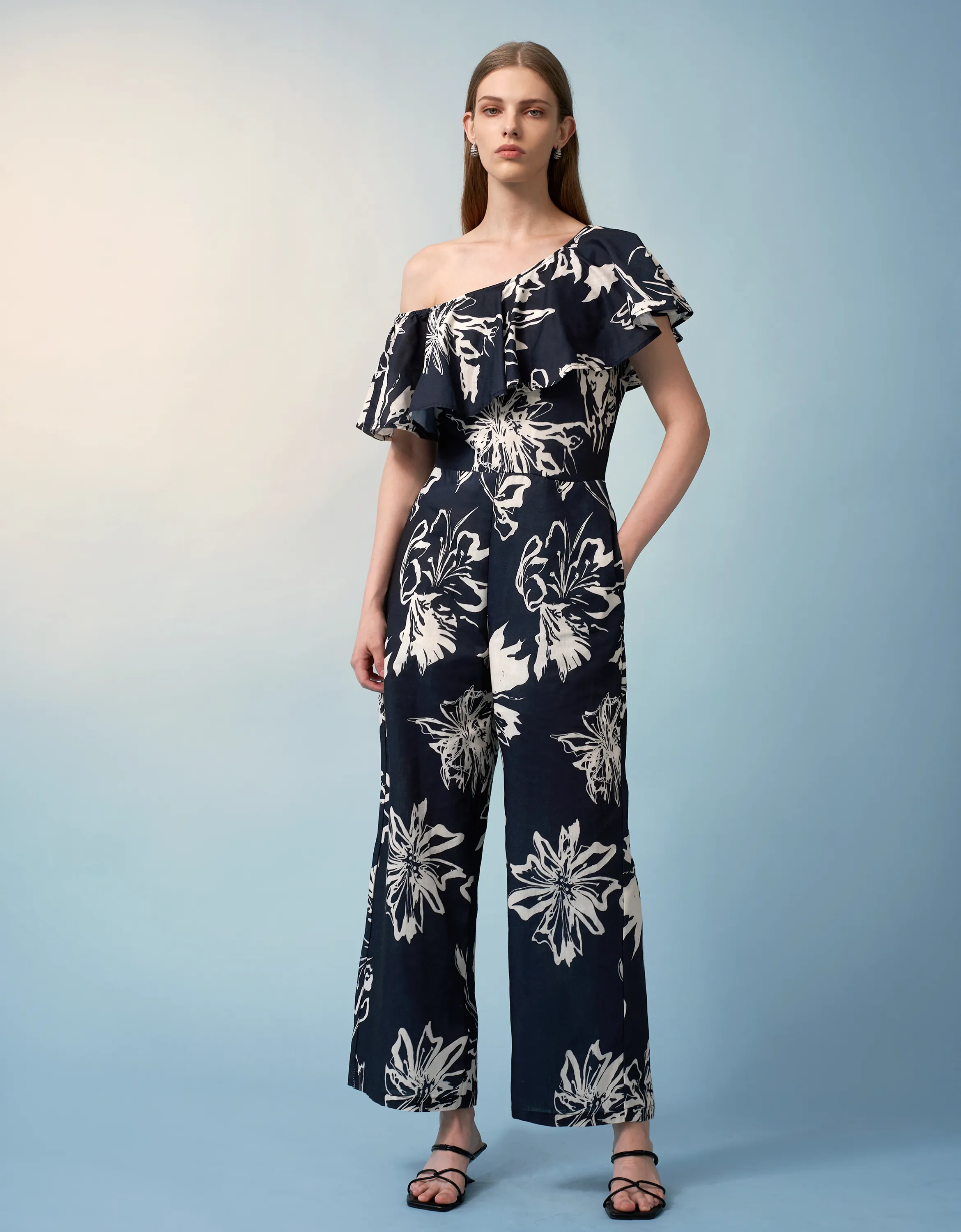 Asymmetric Off-Shoulder Printed Jumpsuit