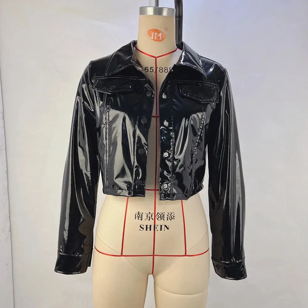 Autumn And Winter Lapel PU Long Sleeved Leather Jacket For Women