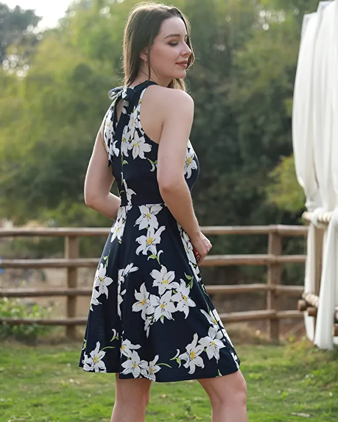 Black Floral-10 Women's Halter Neck Floral Summer Casual Sundress - OUGES