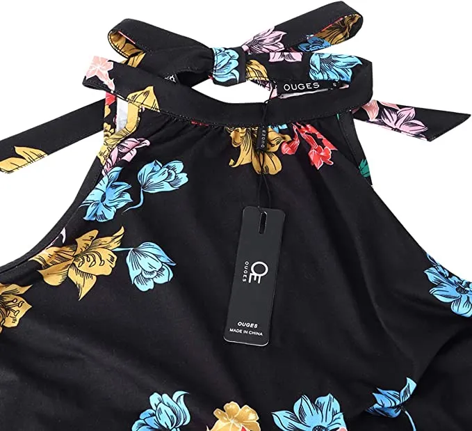 Black Floral-10 Women's Halter Neck Floral Summer Casual Sundress - OUGES