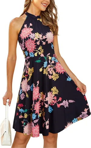 Black Floral-10 Women's Halter Neck Floral Summer Casual Sundress - OUGES