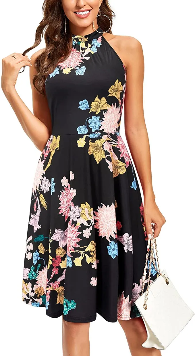 Black Floral-10 Women's Halter Neck Floral Summer Casual Sundress - OUGES
