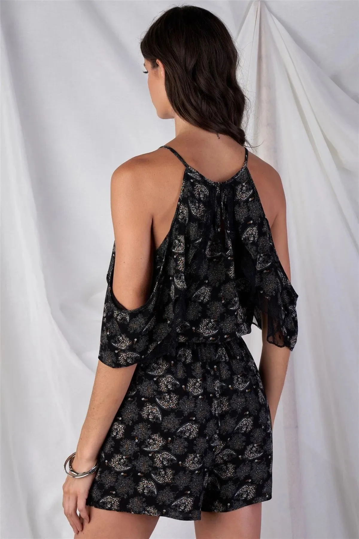 Black Gold And White Paisley Print V-Neck Off-The-Shoulder Wing Mini Sleeve Romper /1-2-2-1