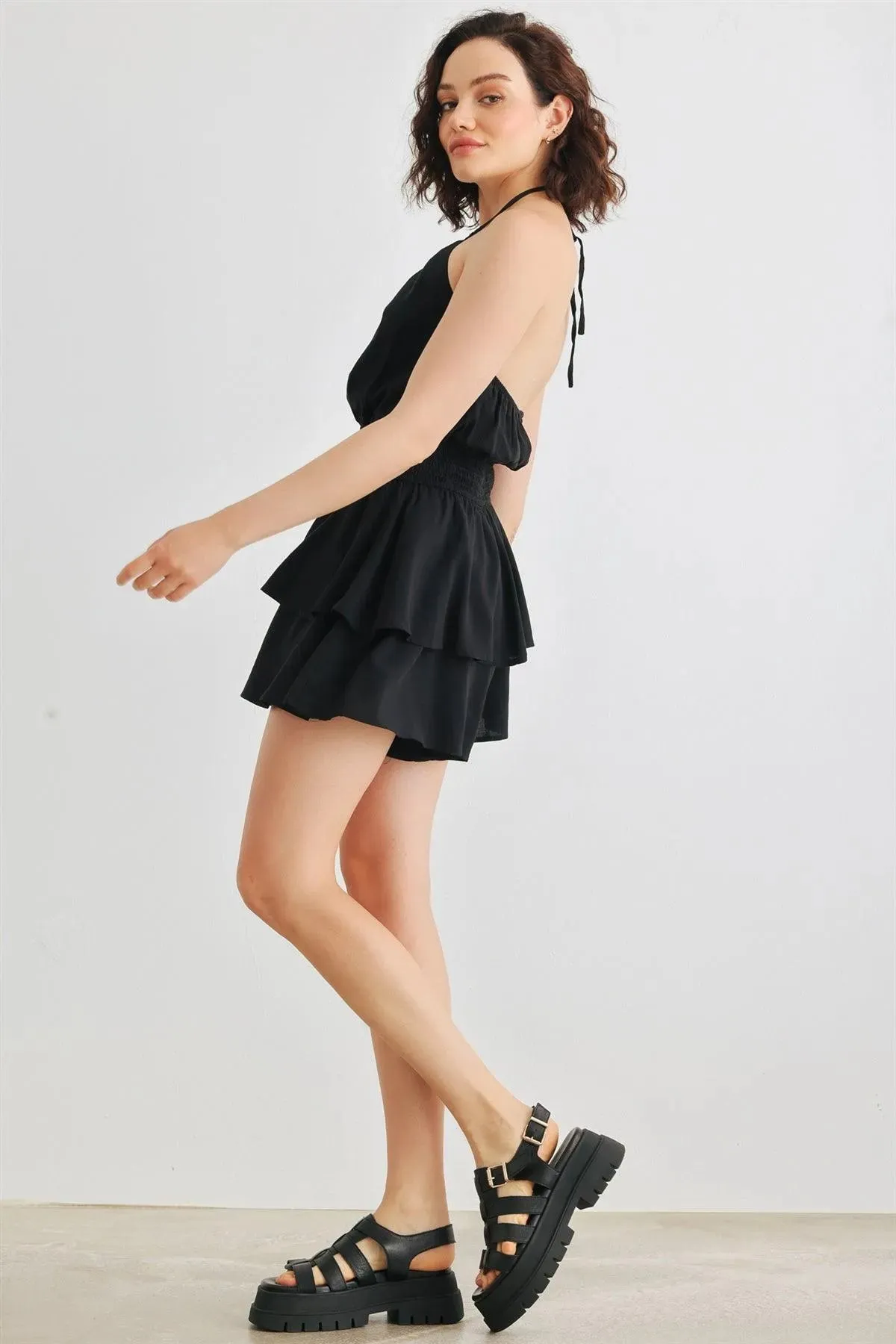 Black Halter Neck Open Back Smocked Tiered Romper /3-2-1