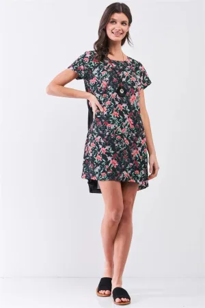 Black Multicolor Floral Print Pleated Back Detail Relaxed Mini Dress /2-1-3