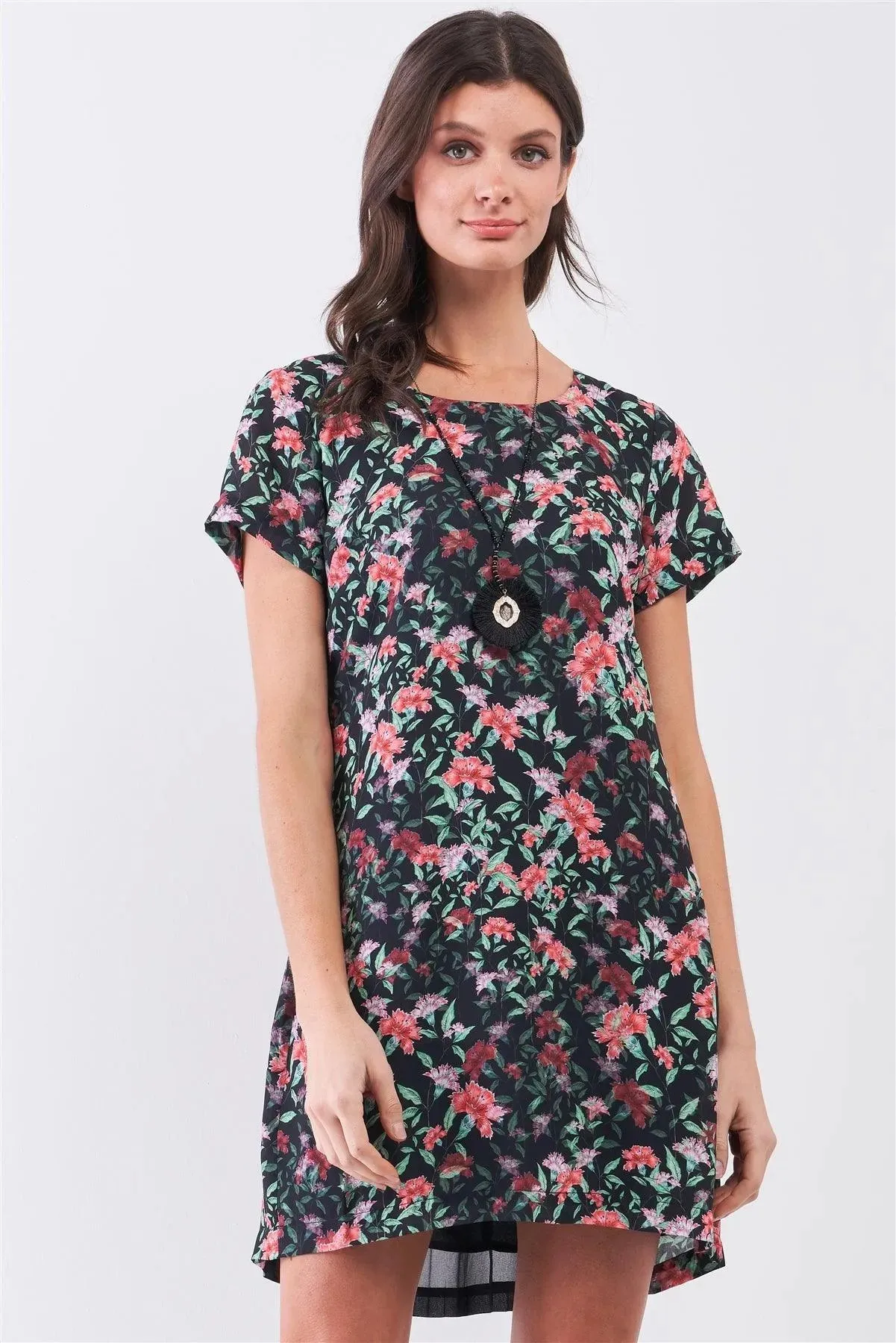 Black Multicolor Floral Print Pleated Back Detail Relaxed Mini Dress /2-1-3