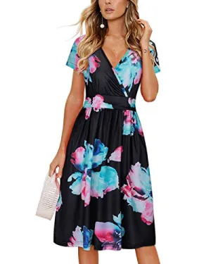 Black Pink Floral Summer Short Sleeve V-Neck Floral Casual Ladies Dress with Pockets - OUGES