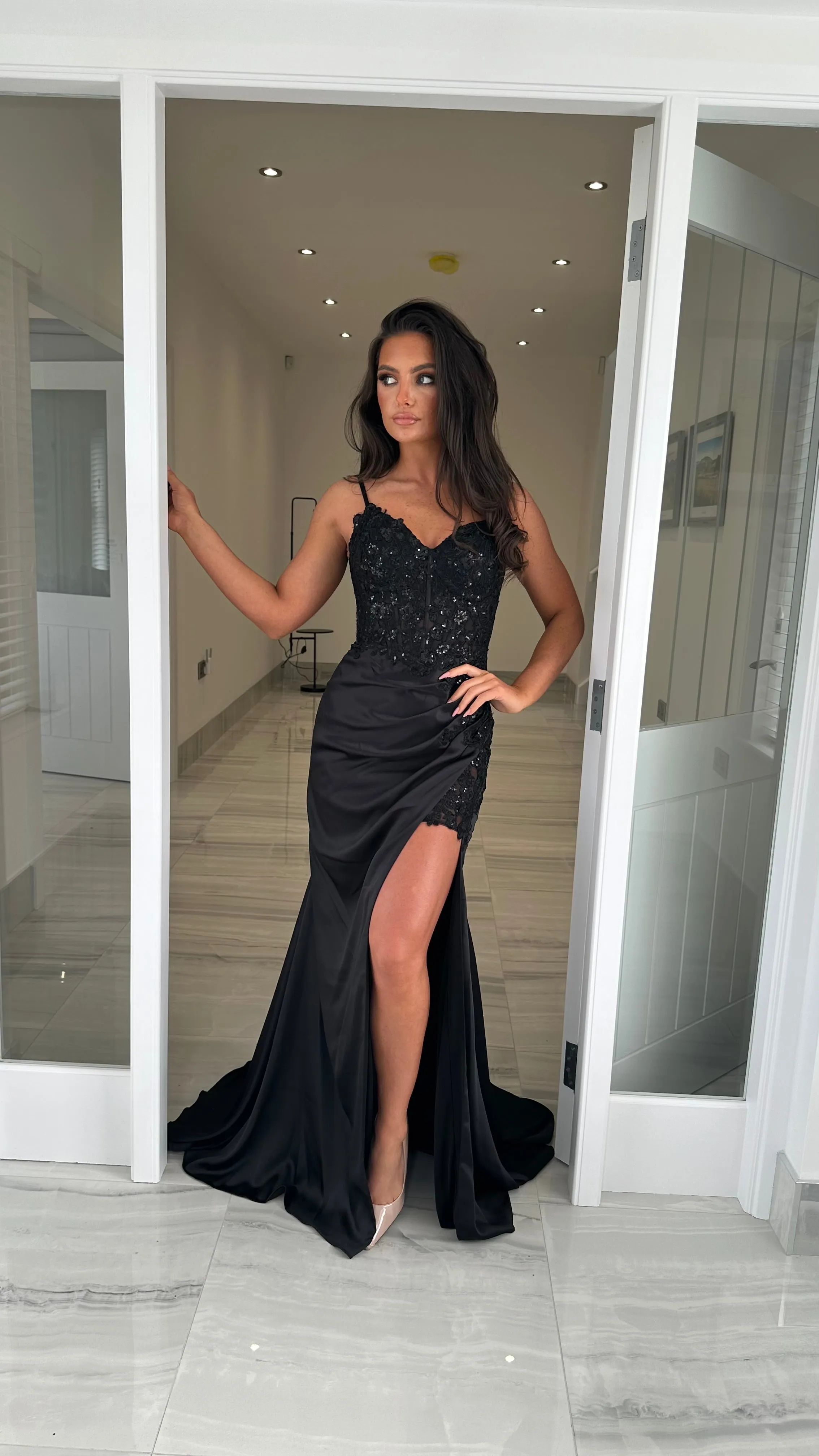 Black Sequin Top & Split Satin Full Length Gown