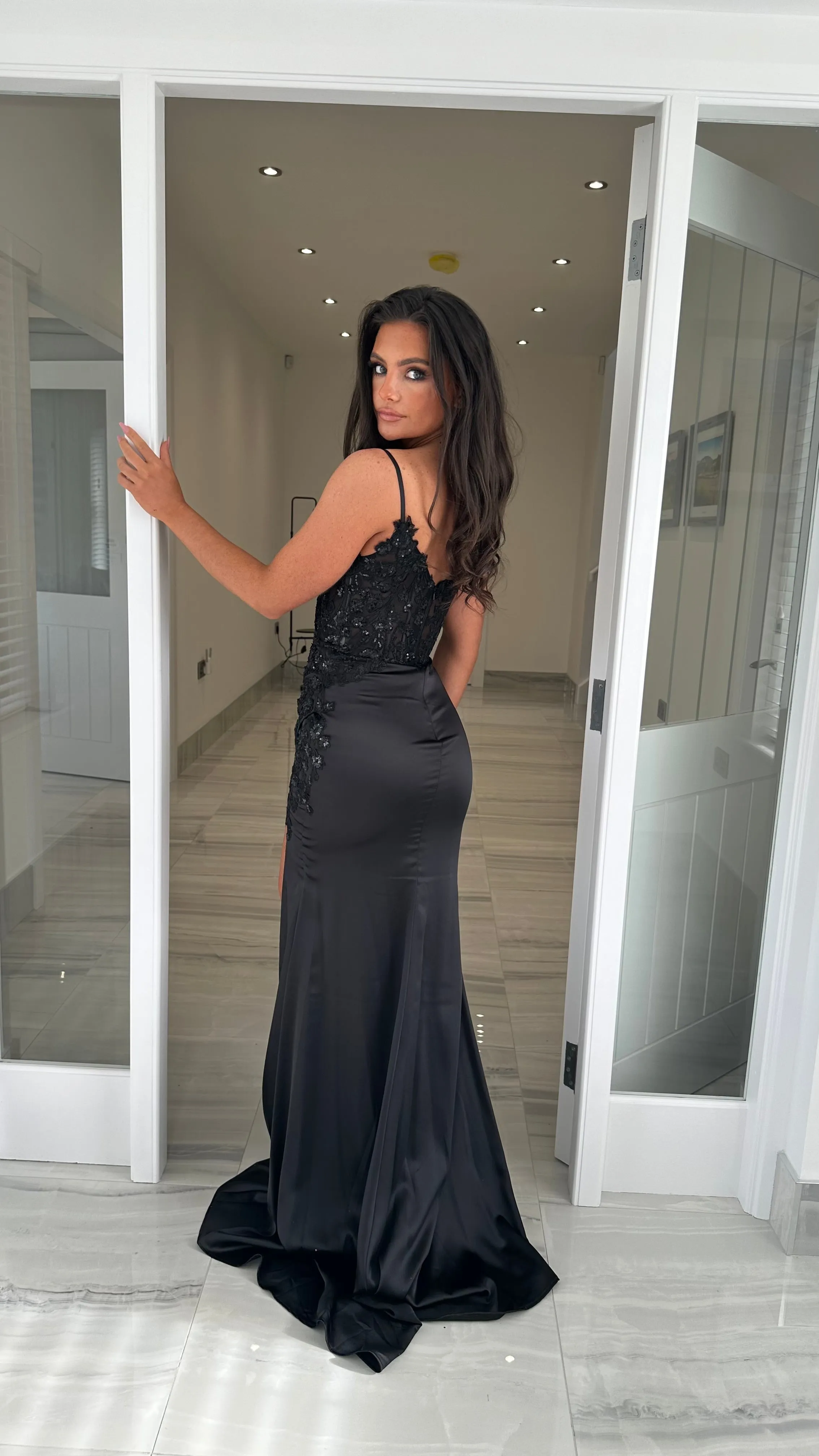 Black Sequin Top & Split Satin Full Length Gown
