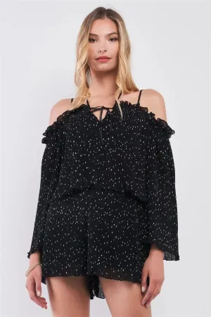 Black Star Print Pleated Off-The-Shoulder Romper /1-2-2-1