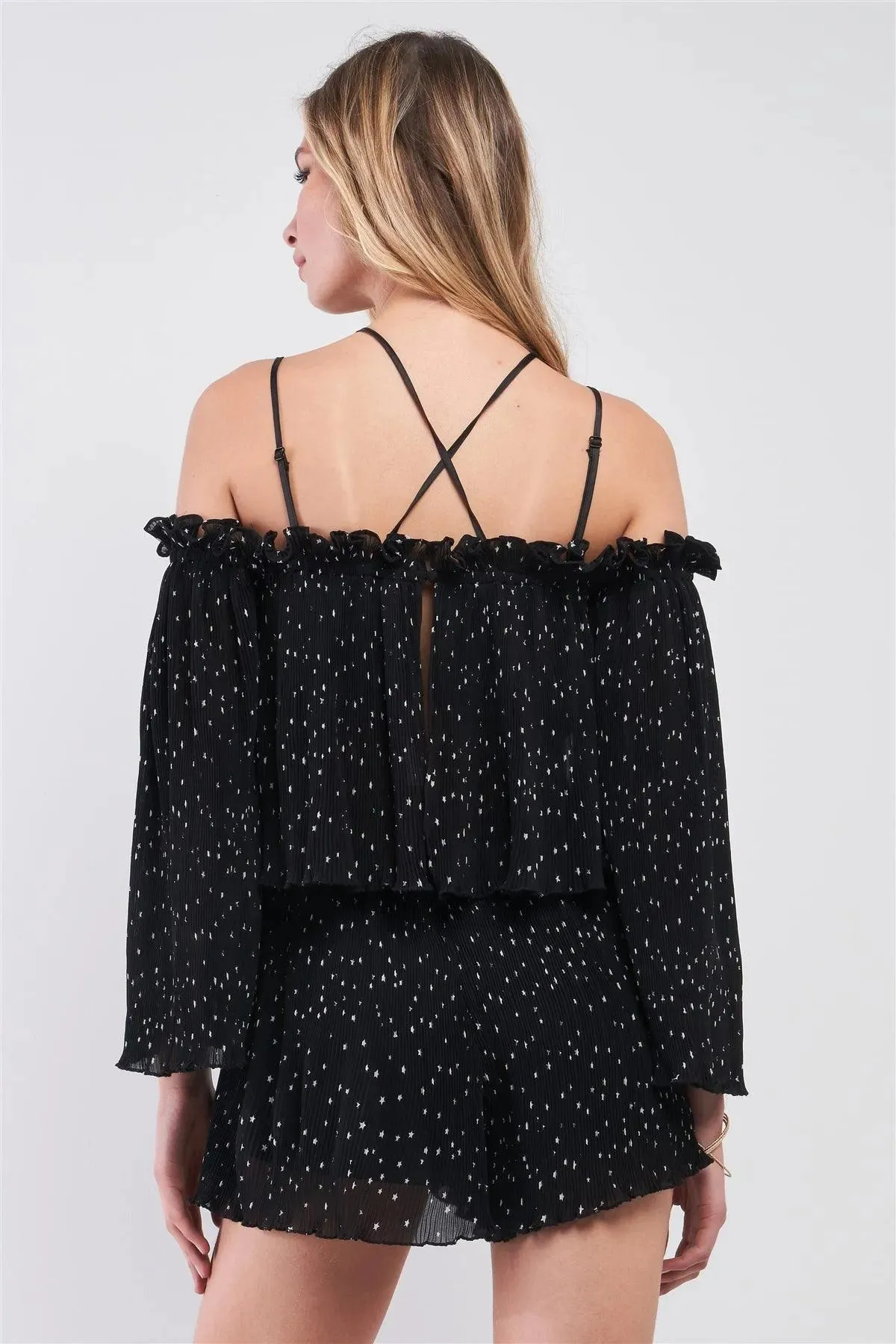 Black Star Print Pleated Off-The-Shoulder Romper /1-2-2-1