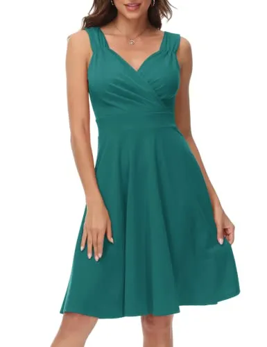 Blue Green 1950s Retro Fancy Cocktail Dress V-Neck Sleeveless A-Line Party Swing Dress - GRACE KARIN