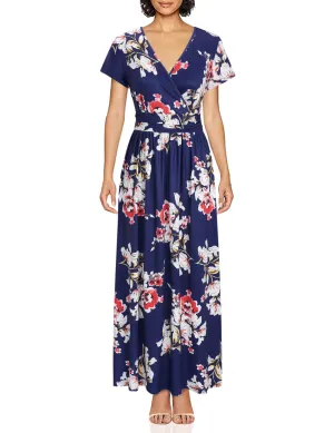 Blue White Red Ladies Summer Casual V Neck Short Long Sleeve Floral Pattern Wrap Ladies Maxi Long Dress with Pockets - OUGES