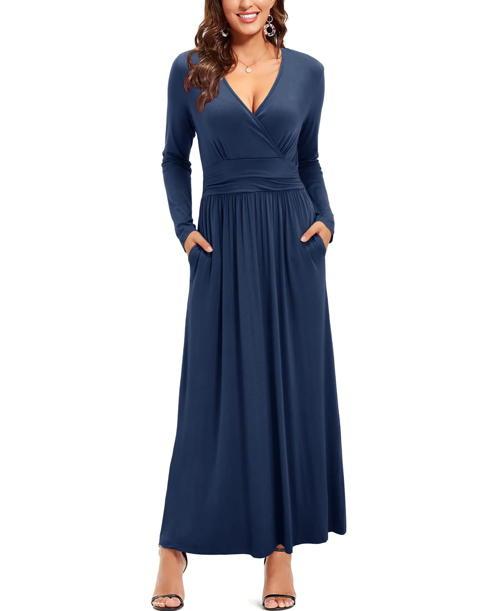 Blue White Red Ladies Summer Casual V Neck Short Long Sleeve Floral Pattern Wrap Ladies Maxi Long Dress with Pockets - OUGES