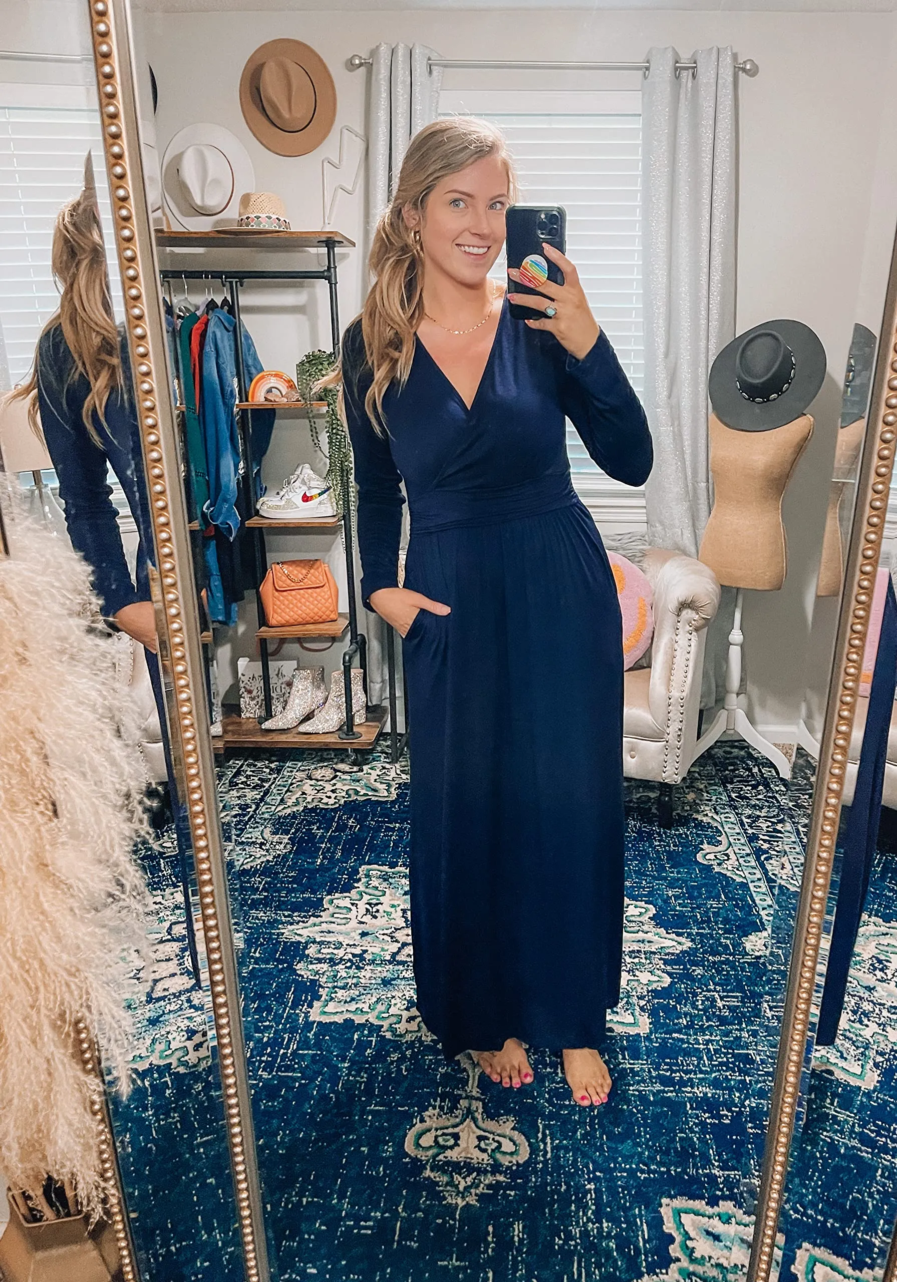 Blue White Red Ladies Summer Casual V Neck Short Long Sleeve Floral Pattern Wrap Ladies Maxi Long Dress with Pockets - OUGES