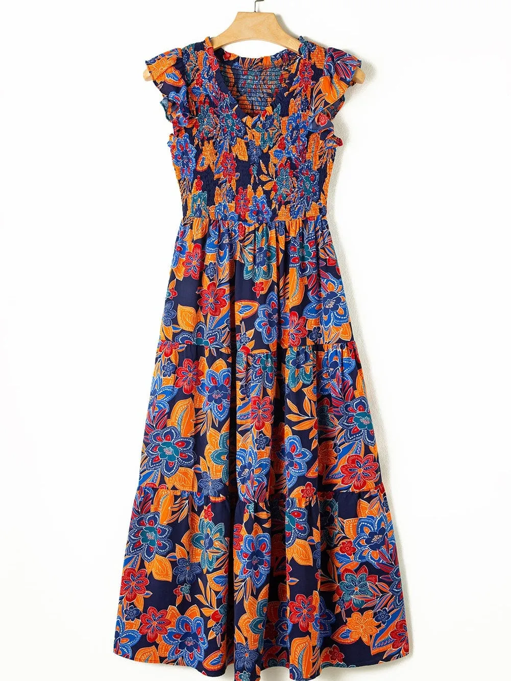 Bohemian Blue Floral V Neck Ruffle Tiered Maxi Dress