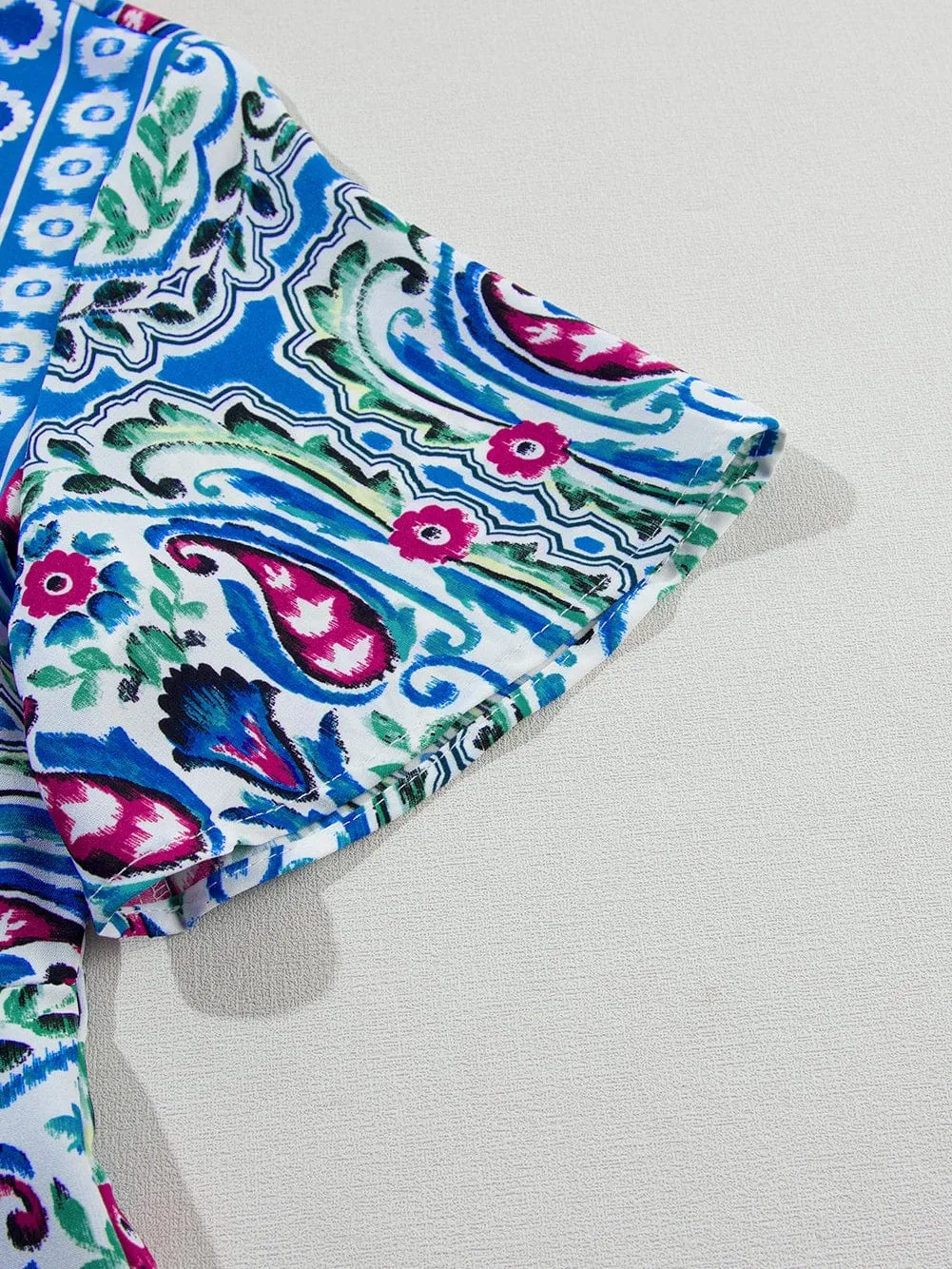 Boho Chic Sky Blue Floral Print Mini Dress with Tie Neck