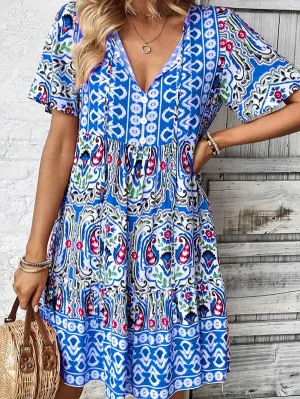Boho Chic Sky Blue Floral Print Mini Dress with Tie Neck