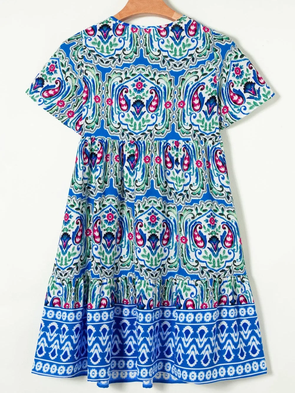 Boho Chic Sky Blue Floral Print Mini Dress with Tie Neck