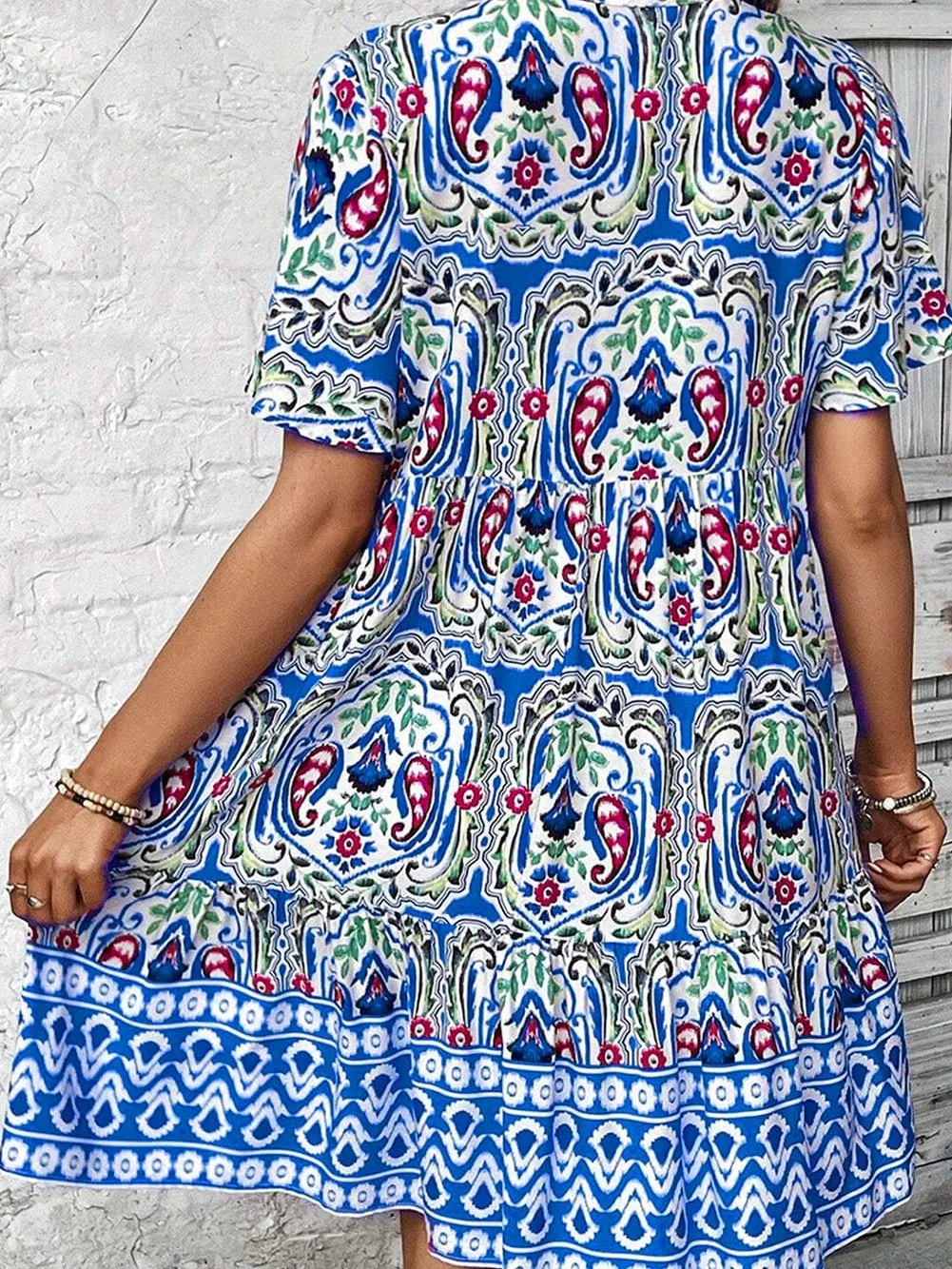 Boho Chic Sky Blue Floral Print Mini Dress with Tie Neck