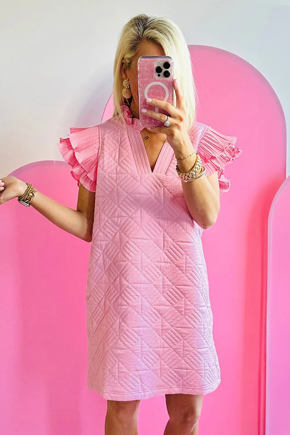 Bonbon Pleated Splicing Sleeve Textured V Neck Shift Dress