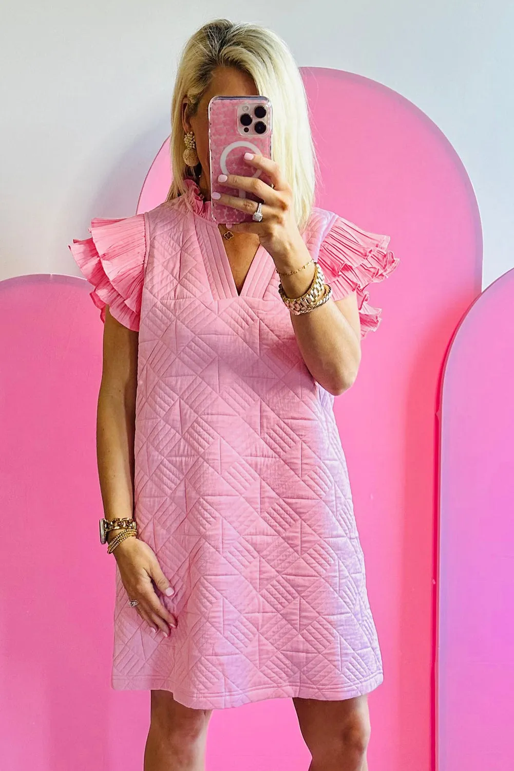 Bonbon Pleated Splicing Sleeve Textured V Neck Shift Dress