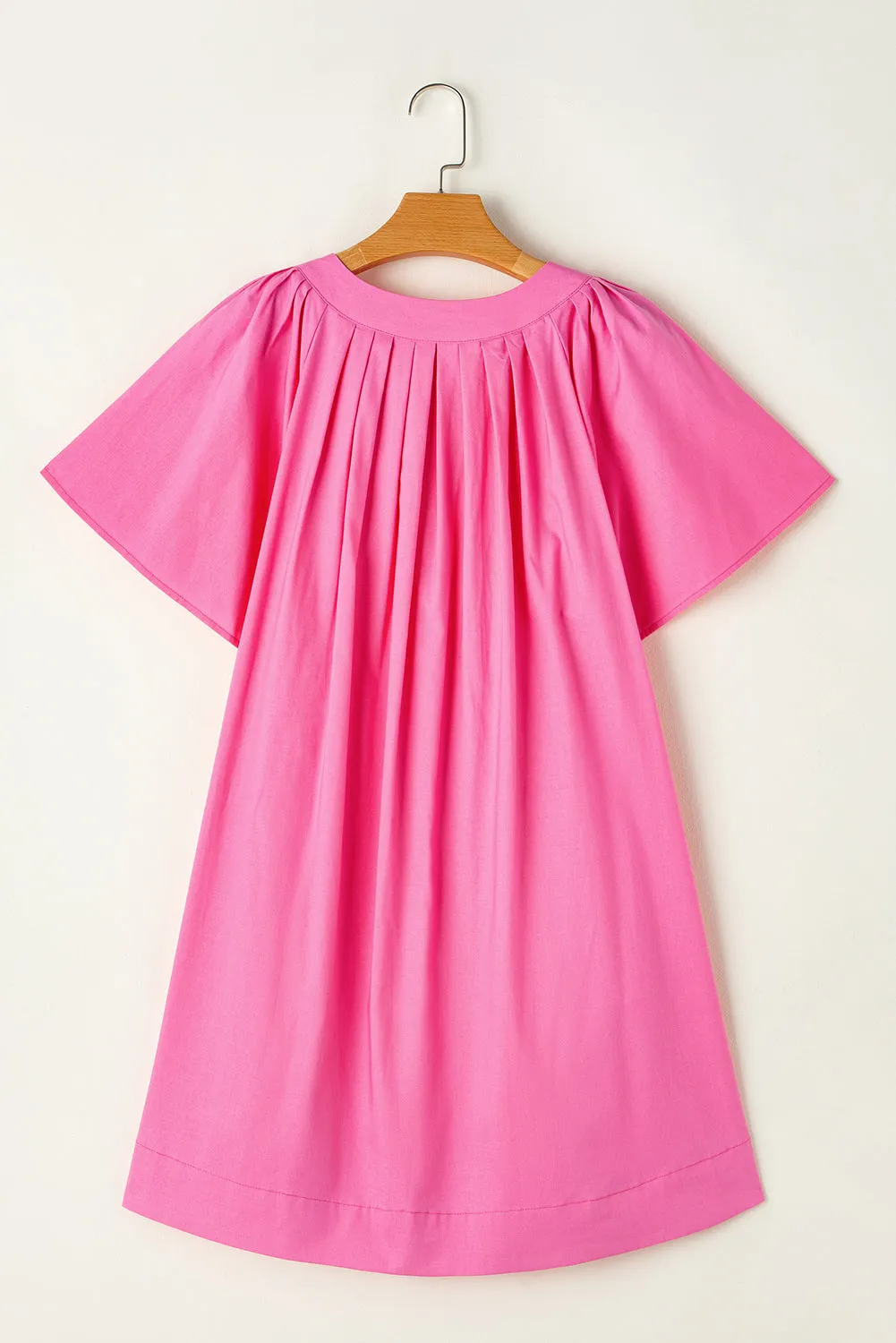 Bonbon Split V Neck Short Flutter Sleeve Pleated Shift Dress