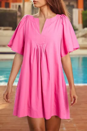 Bonbon Split V Neck Short Flutter Sleeve Pleated Shift Dress