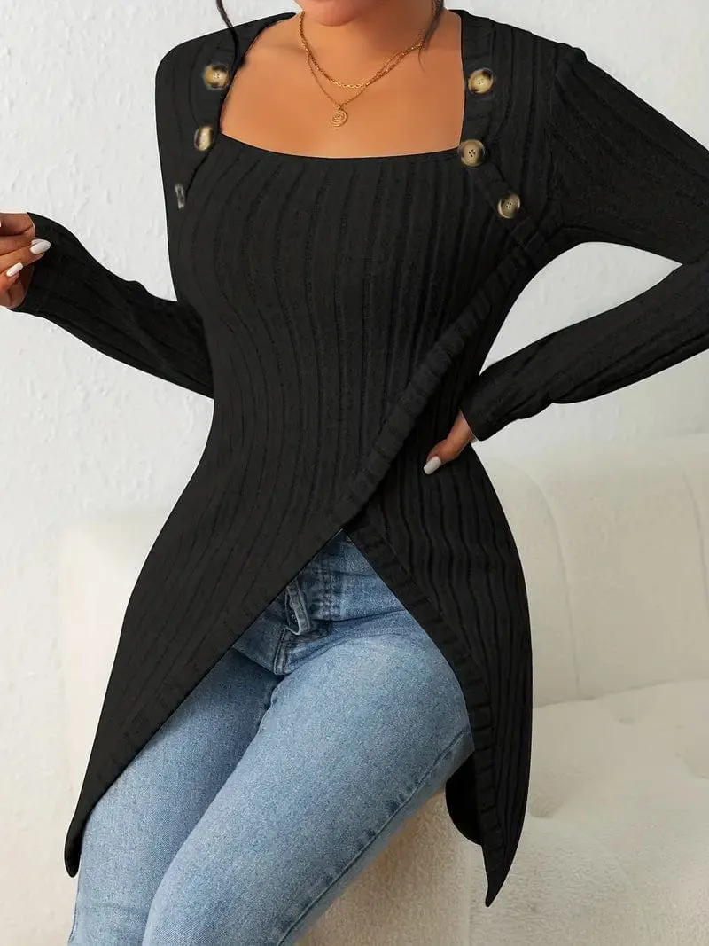 Button Detail Asymmetrical Knit Top