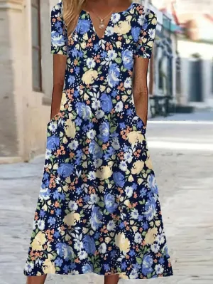 Casual Dress Shift Dress Print Dress Floral Pocket Print V Neck Midi Dress Active Fashion Outdoor Vacation Short Sleeve Regular Fit Black Yellow Blue Summer Spring S M L XL XXL for Women