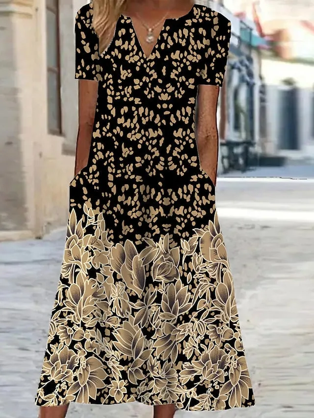 Casual Dress Shift Dress Print Dress Floral Pocket Print V Neck Midi Dress Active Fashion Outdoor Vacation Short Sleeve Regular Fit Black Yellow Blue Summer Spring S M L XL XXL for Women